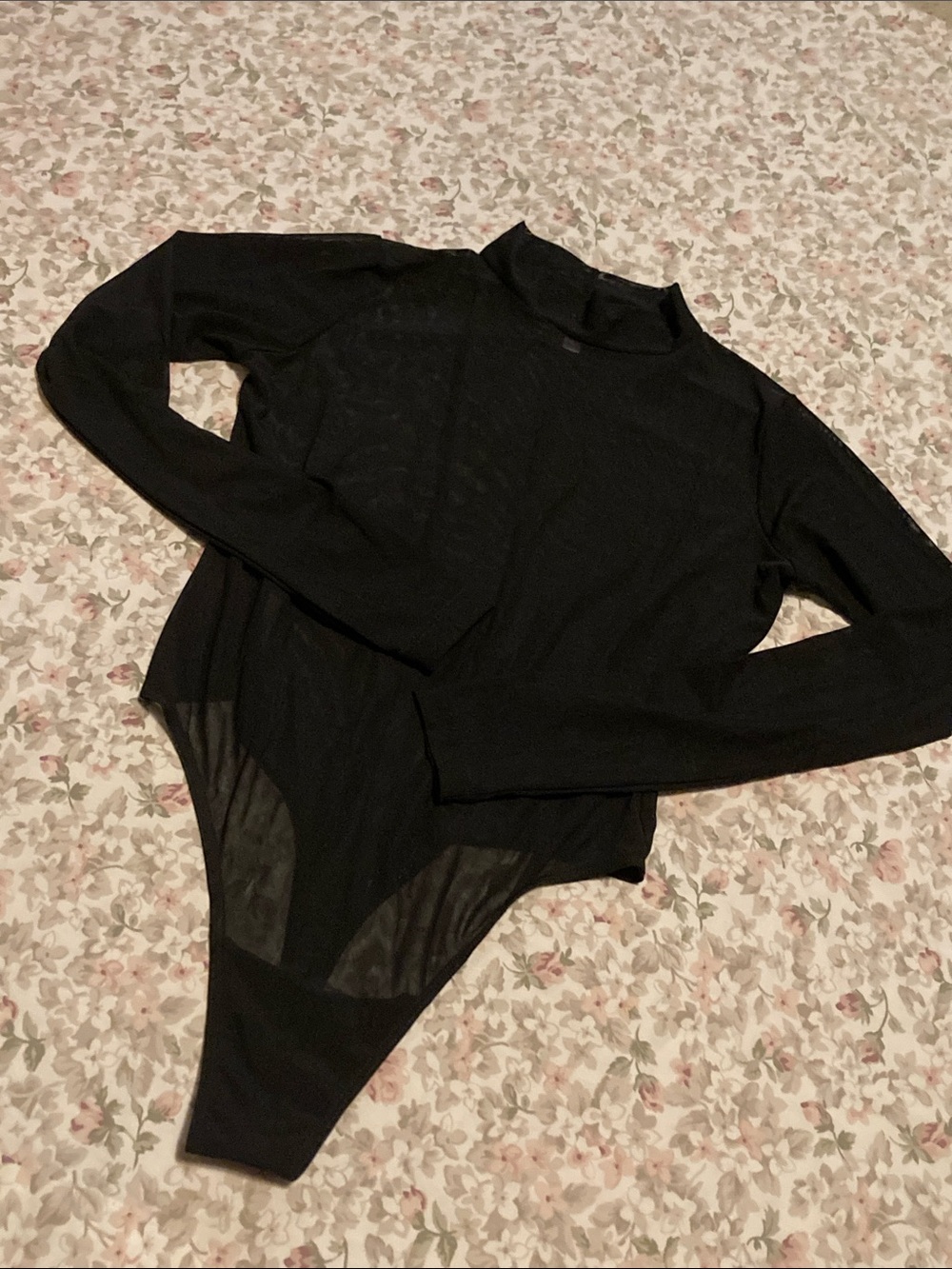 Los Angeles Apparel Micro Mesh Long Sleeve Mock Neck Bodysuit (Black)